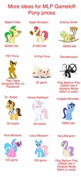 Size: 1000x2177 | Tagged: safe, aloe, apple bumpkin, apple fritter, doctor horse, doctor stable, granny smith, lotus blossom, minuette, nurse redheart, slendermane, vera, oc, oc:dream whisper, apple family member, coconeru, gameloft, gameloft price speculation, psy, slenderpony, spa twins