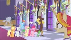 Size: 1366x768 | Tagged: safe, derpibooru import, screencap, applejack, discord, fire flare, fluttershy, rainbow dash, rarity, spike, dragon, earth pony, pegasus, pony, unicorn, the summer sun setback, banner, carpet, column, flower, night, quitting, shocked, statue, surprised, upset, window