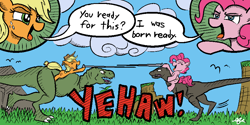 Size: 880x440 | Tagged: safe, artist:sillyfillysketches, applejack, pinkie pie, dinosaur, earth pony, pony, tyrannosaurus rex, dialogue, female, jousting, lance, mare, ponies riding dinosaurs, speech bubble