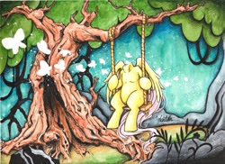 Size: 1200x872 | Tagged: safe, artist:dantethehuman, fluttershy, butterfly, pegasus, pony, everfree forest, headless, modular, sitting, solo, surreal, swing, traditional art, tree, tree branch, watercolor painting, wings