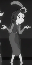 Size: 304x612 | Tagged: safe, screencap, rarity, equestria girls, equestria girls series, rarity investigates: the case of the bedazzled boot, cropped, detective rarity, grayscale, monochrome, noir, offscreen character, rarity investigates (eqg): applejack, shrug, solo