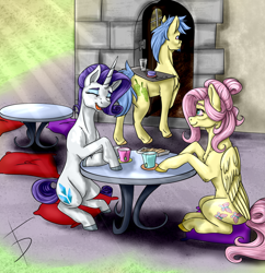 Size: 1622x1679 | Tagged: safe, artist:fullmoondagger, fluttershy, goldengrape, rarity, sir colton vines iii, earth pony, pegasus, pony, unicorn, cafe, chest fluff, cookie, crepuscular rays, female, food, male, mare, pillow, sitting, stallion, table, teacup