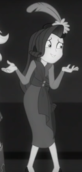 Size: 294x612 | Tagged: safe, screencap, rarity, equestria girls, equestria girls series, rarity investigates: the case of the bedazzled boot, cropped, detective rarity, grayscale, monochrome, noir, offscreen character, rarity investigates (eqg): applejack, shrug, solo