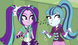 Size: 1240x717 | Tagged: safe, edit, edited screencap, screencap, aria blaze, sonata dusk, equestria girls, rainbow rocks, female, gem, siren gem, whistling