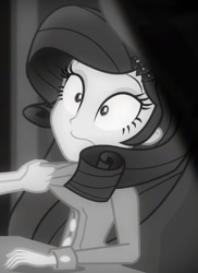 Size: 437x601 | Tagged: safe, screencap, rarity, equestria girls, equestria girls series, rarity investigates: the case of the bedazzled boot, cropped, detective rarity, discombobulated, grayscale, monochrome, noir, offscreen character, rarity investigates (eqg): pinkie pie, solo focus