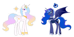 Size: 2141x1081 | Tagged: safe, artist:lady-cold, princess celestia, princess luna, alicorn, bat pony, bat pony alicorn, pony, alternate universe, female, horn jewelry, hybrid wings, jewelry, lunabat, mare, race swap, royal sisters, simple background, transparent background