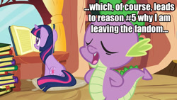 Size: 1280x720 | Tagged: safe, derpibooru import, screencap, spike, twilight sparkle, dragon, pony, unicorn, spike at your service, complaining, female, image macro, leaving the fandom, male, mare, meme, no fucks, parody, reading