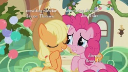 Size: 1920x1080 | Tagged: safe, screencap, applejack, pinkie pie, earth pony, pony, hearthbreakers, anticipation, apple pie, cute, eyes closed, incoming licky lick, out of context, pie, smiling, train