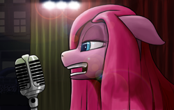 Size: 4213x2657 | Tagged: safe, artist:sv37, pinkie pie, earth pony, pony, alone, bedroom eyes, fangs, microphone, pinkamena diane pie, sad, singing, singing the blues, solo, stage