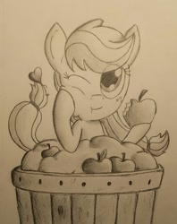Size: 805x1014 | Tagged: safe, artist:spackle, applejack, earth pony, pony, apple, basket, eating, heart, monochrome, pencil drawing, solo, that pony sure does love apples, traditional art