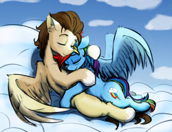 Size: 4000x3071 | Tagged: safe, artist:alcor, artist:skittle_cuddler, color edit, derpibooru import, edit, rainbow dash, oc, oc:skittle, pegasus, pony, canon x oc, colored, cuddling, cute, female, hug, male, skidash, straight