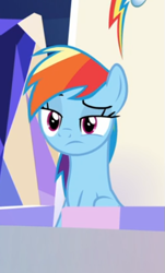 Size: 327x543 | Tagged: safe, derpibooru import, screencap, rainbow dash, pegasus, pony, sparkle's seven, cropped, female, friendship throne, lidded eyes, mare, raised eyebrow, solo