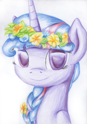 Size: 2464x3504 | Tagged: safe, artist:baldmoose, derpibooru import, twilight sparkle, twilight sparkle (alicorn), alicorn, pony, alternate hairstyle, braid, female, floral head wreath, flower, flower in hair, mare, solo, traditional art