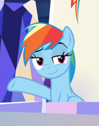 Size: 372x474 | Tagged: safe, derpibooru import, screencap, rainbow dash, pegasus, pony, sparkle's seven, cropped, faic, lidded eyes, raised eyebrow, sitting, smiling, smirk, smug, smugdash, solo