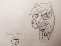 Size: 4160x3120 | Tagged: safe, artist:gyashaa, derpibooru import, rainbow dash, pegasus, pony, clothes, grayscale, jumpsuit, mask, mick thomson, monochrome, simple background, sketch, slipknot, traditional art