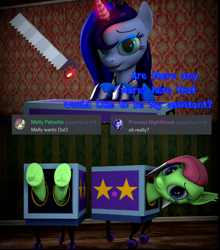 Size: 1224x1388 | Tagged: safe, artist:nightblood, oc, oc only, oc:nightblood eclipse, oc:watermelon success, 3d, box, box sawing trick, french, half, magic trick, modular, saw, text