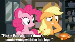 Size: 960x540 | Tagged: safe, screencap, applejack, pinkie pie, earth pony, pony, hearthbreakers, fourth wall, image macro, meme, pumpkin