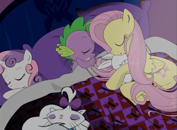 Size: 1409x1033 | Tagged: safe, artist:dsana, angel bunny, fluttershy, opalescence, spike, sweetie belle, cat, dragon, pegasus, pony, rabbit, angelbetes, baby, baby dragon, bed, cropped, cute, diasweetes, female, filly, fluttershy's cottage, heartwarming, male, mare, shyabetes, sleeping, snuggling, spikabetes, weapons-grade cute