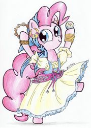 Size: 900x1254 | Tagged: safe, artist:oriwhitedeer, pinkie pie, pony, friendship is witchcraft, bipedal, clothes, dress, gypsy pie, solo, traditional art