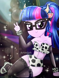 Size: 1800x2400 | Tagged: safe, artist:artmlpk, sci-twi, twilight sparkle, cow, equestria girls, adorable face, adorasexy, adorkable, animal costume, bare chest, bare shoulders, beautiful, beautisexy, breasts, cleavage, clothes, costume, cow costume, cow ears, cute, digital art, dork, lidded eyes, looking at you, nerd, outfit, peace sign, ponytail, scrunchie, sexy, shoes, sitting, smiling, smiling at you, socks, solo, stockings, thigh highs, thighs, twiabetes, watermark