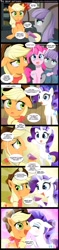 Size: 1000x4250 | Tagged: safe, artist:coltsteelstallion, applejack, maud pie, pinkie pie, rarity, earth pony, pony, unicorn, hearthbreakers, bandana, comic, creeper, dragon ball, female, foam finger, gem, kissing, lesbian, rarijack, shipping, silly, silly pony, tower of pimps