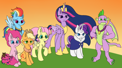 Size: 3840x2160 | Tagged: safe, artist:shad0w-galaxy, derpibooru exclusive, derpibooru import, applejack, fluttershy, pinkie pie, princess twilight 2.0, rainbow dash, rarity, spike, twilight sparkle, twilight sparkle (alicorn), alicorn, dragon, earth pony, pegasus, pony, unicorn, season 9, the last problem, cheek fluff, chest fluff, clothes, ear fluff, ethereal mane, gigachad spike, mane seven, mane six, older, older spike, wip