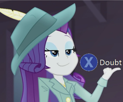 Size: 857x708 | Tagged: safe, artist:radicalweegee, edit, edited screencap, screencap, rarity, better together, equestria girls, rarity investigates: the case of the bedazzled boot, cropped, detective rarity, doubt, hat, l.a. noire, press x to doubt, rarity investigates (eqg): pinkie pie