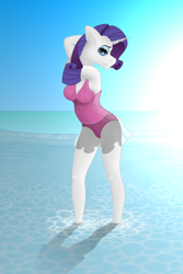 Size: 900x1350 | Tagged: safe, artist:zeronitroman, rarity, anthro, beach, clothes, ocean, solo, swimsuit