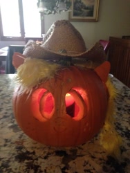 Size: 720x960 | Tagged: safe, applejack, applejack-o-lantern, halloween, irl, jack-o-lantern, photo, pumpkin, pun, visual pun