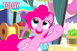 Size: 609x400 | Tagged: safe, edit, edited screencap, screencap, pinkie pie, earth pony, pony, pinkie pride, animated, caption, looking at you, pointing, talking to viewer, text