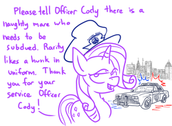 Size: 1280x944 | Tagged: safe, artist:adorkabletwilightandfriends, rarity, pony, unicorn, ask adorkable twilight, ask adorkable twilight and friends, baltimare, car, city, cityscape, dodge diplomat, female, hat, mare, police, police car, police hat, skyline