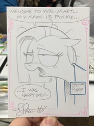 Size: 1536x2048 | Tagged: safe, artist:andypriceart, pinkie pie, earth pony, pony, bad end, bust, dialogue, exhausted, i was happy once, lidded eyes, name tag, pinkamena diane pie, solo, speech bubble, traditional art, walmart