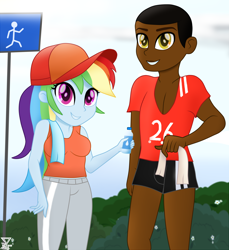 Size: 2000x2185 | Tagged: safe, artist:theretroart88, derpibooru import, rainbow dash, oc, oc:entropy, equestria girls, clothes, female, male, shorts, tracksuit