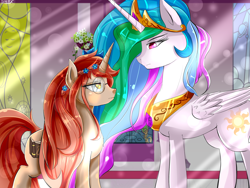 Size: 1600x1200 | Tagged: safe, artist:alesarox, princess celestia, oc, oc:alscenia greymane, alicorn, dracony, hybrid, pony, crepuscular rays, frown, looking at each other, standing, throne room