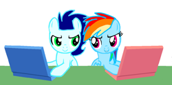 Size: 1280x634 | Tagged: safe, artist:mlplary6, derpibooru import, rainbow dash, soarin', pegasus, pony, computer, female, laptop computer, male, shipping, soarindash, straight