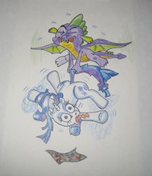 Size: 920x1067 | Tagged: safe, artist:hillbe, rarity, spike, dragon, pony, unicorn, female, male, plad, shipping, sparity, straight, traditional art, wings