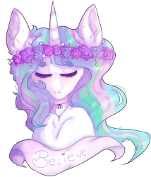 Size: 647x755 | Tagged: safe, artist:stellinhapotata, princess celestia, anthro, banner, believe, floral head wreath, flower, solo