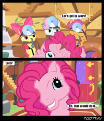 Size: 640x743 | Tagged: safe, edit, edited screencap, editor:teren rogriss, screencap, apple bloom, pinkie pie, scootaloo, sweetie belle, earth pony, pegasus, pony, unicorn, stare master, the one where pinkie pie knows, cutie mark crusaders, female, filly, fluttershy's cottage, foal, g3 faic, hammer, hooves, mare, modular, mouth hold, pinkie blind, pinkie pieces, wings