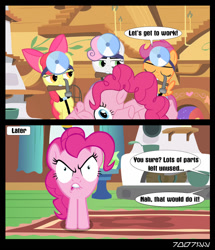 Size: 640x743 | Tagged: safe, edit, edited screencap, editor:teren rogriss, screencap, apple bloom, pinkie pie, scootaloo, sweetie belle, earth pony, pegasus, pony, unicorn, stare master, the one where pinkie pie knows, angry, crab pony, cutie mark crusaders, female, filly, fluttershy's cottage, foal, hammer, hooves, mare, meme, modular, mouth hold, pinkie pieces, wings
