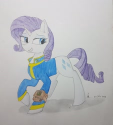 Size: 3004x3319 | Tagged: artist needed, safe, rarity, pony, unicorn, bethesda, clothes, crossover, fallout, fallout76, female, mare, pipboy, pipbuck, simple background, smiling, solo, traditional art, vault suit, watercolor painting