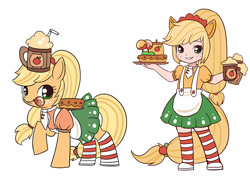 Size: 900x636 | Tagged: safe, artist:kongyi, applejack, human, alcohol, apple, cake, cider, clothes, drink, eared humanization, food, human ponidox, humanized, looking at you, maid, simple background, tailed humanization, tray, wink