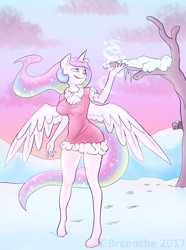 Size: 1842x2477 | Tagged: safe, artist:breeoche, princess celestia, alicorn, anthro, unguligrade anthro, breasts, female, lightly watermarked, magic, nipple outline, princess breastia, smiling, snow, solo, tree, watermark, winter