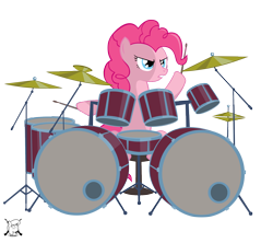 Size: 1686x1494 | Tagged: safe, artist:shadawg, pinkie pie, earth pony, pony, cymbals, drum kit, drums, female, hoof hold, mare, musical instrument, rimshot, snare drum, solo