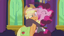 Size: 1280x720 | Tagged: safe, screencap, applejack, pinkie pie, earth pony, pony, hearthbreakers, great moments in animation, hug, smear frame, soot