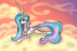 Size: 3840x2560 | Tagged: safe, artist:moonsheid, princess celestia, alicorn, pony, cloud, lying, lyingontheclouds, sky, solo, sunset