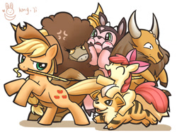 Size: 900x675 | Tagged: safe, artist:kongyi, part of a set, apple bloom, applejack, earth pony, pony, bouffalant, crossover, growlithe, lasso, miltank, pokémon, tauros