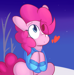 Size: 1280x1307 | Tagged: safe, artist:mr-degration, pinkie pie, earth pony, pony, clothes, cute, diapinkes, heart, hoodie, longing, solo, winter, wishing