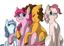 Size: 1400x1000 | Tagged: safe, artist:bluesidearts, cheese sandwich, pinkie pie, oc, oc:dapple pie, oc:popcandy, earth pony, pony, adopted offspring, cheesepie, female, hug, male, offspring, parent:cheese sandwich, parent:pinkie pie, parents:cheesepie, shipping, straight, tongue out, watermark