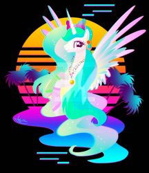 Size: 600x694 | Tagged: safe, artist:ii-art, princess celestia, alicorn, pony, abstract background, bust, female, mare, smiling, solo, synthwave, vaporwave
