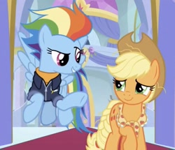 Size: 718x618 | Tagged: safe, derpibooru import, edit, edited screencap, screencap, applejack, rainbow dash, earth pony, pegasus, pony, the last problem, cropped, granny smith's scarf, implied appledash, implied lesbian, implied shipping, older, older applejack, older rainbow dash, shipping fuel